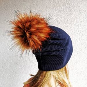 Prehodno zimska kapa rebrasta temno modra z oranžno rjavim cofom Hopka
